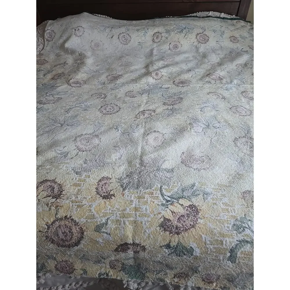 Lot of 2 Vtg Green Yellow Floral Flawed‎ Acrylic Bedding Blanket Queen/King Size
